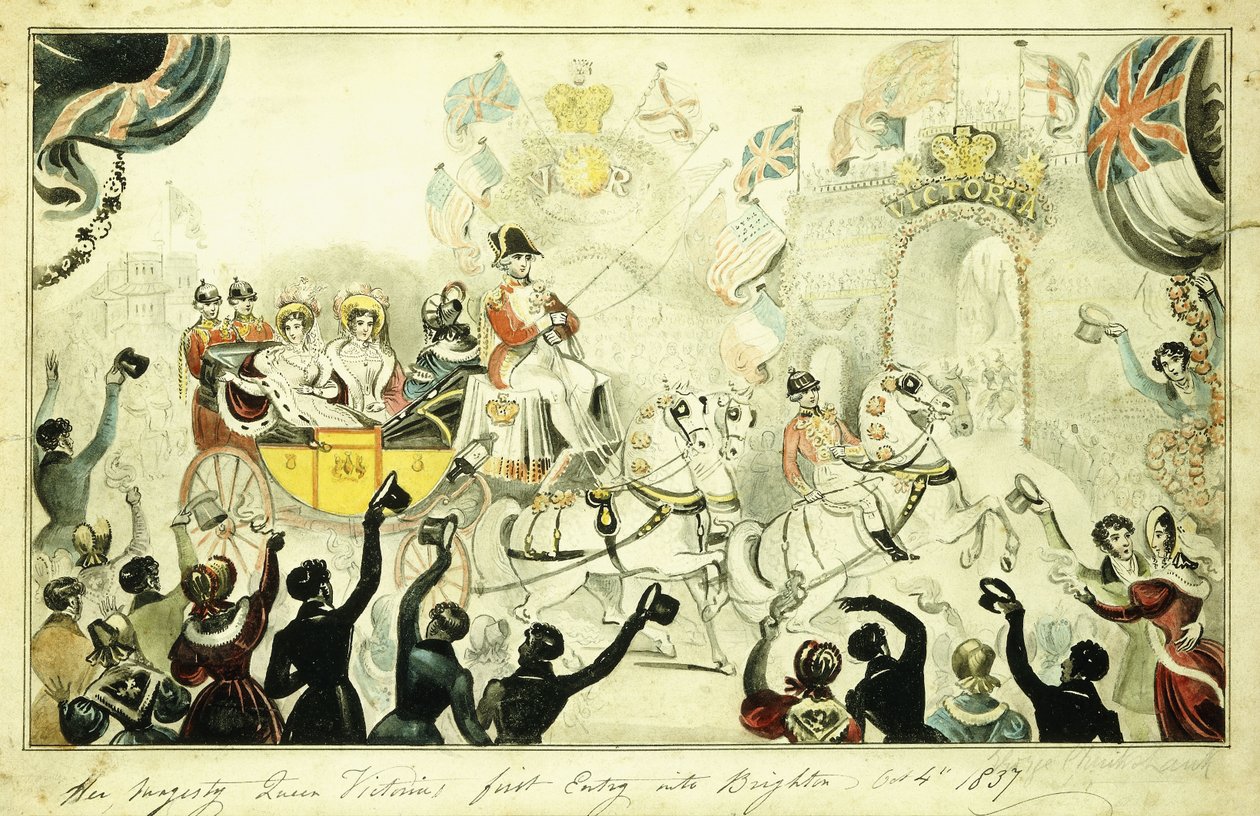 Hänen Majesteettinsa kuningatar Victorian ensimmäinen saapuminen Brightoniin 4. lokakuuta 1837 1837 tekijältä George Cruikshank