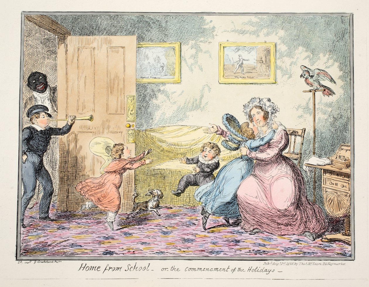 Kotona koulusta tai juhlapubin alkamisesta. 1835 (käsinvärinen kaiverrus) tekijältä George Cruikshank