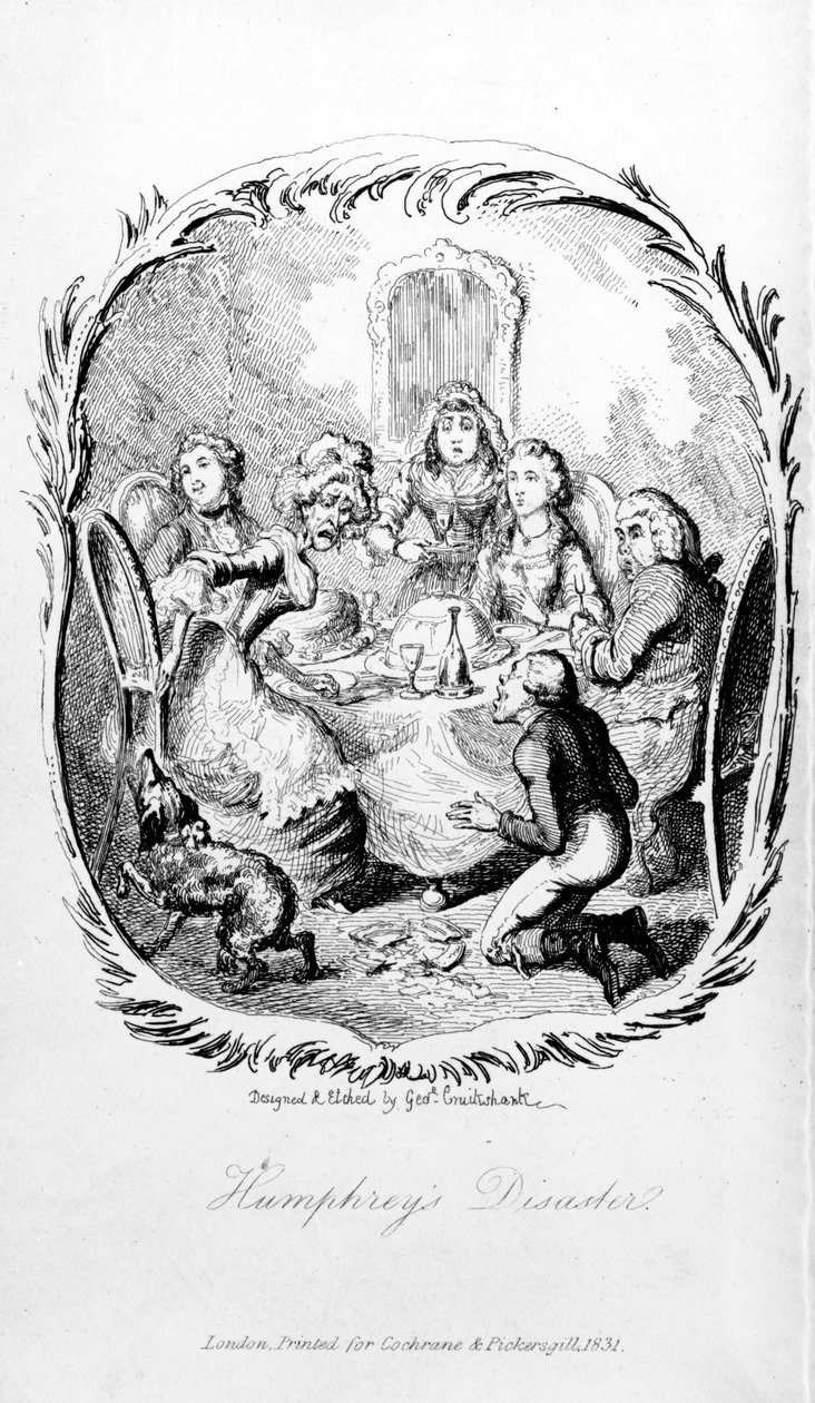 Humphreyn katastrofi, kuvitus Tobias Smollettin teoksesta "The Expedition of Humphrey Clinker", 1831 tekijältä George Cruikshank