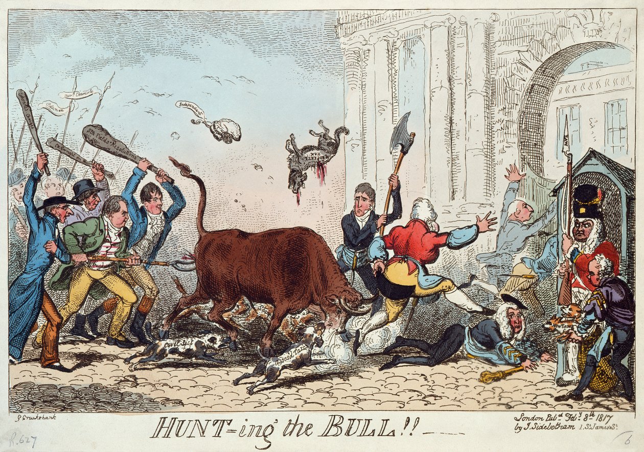 Hunting the Bull, 1817 (värietsaus) tekijältä George Cruikshank