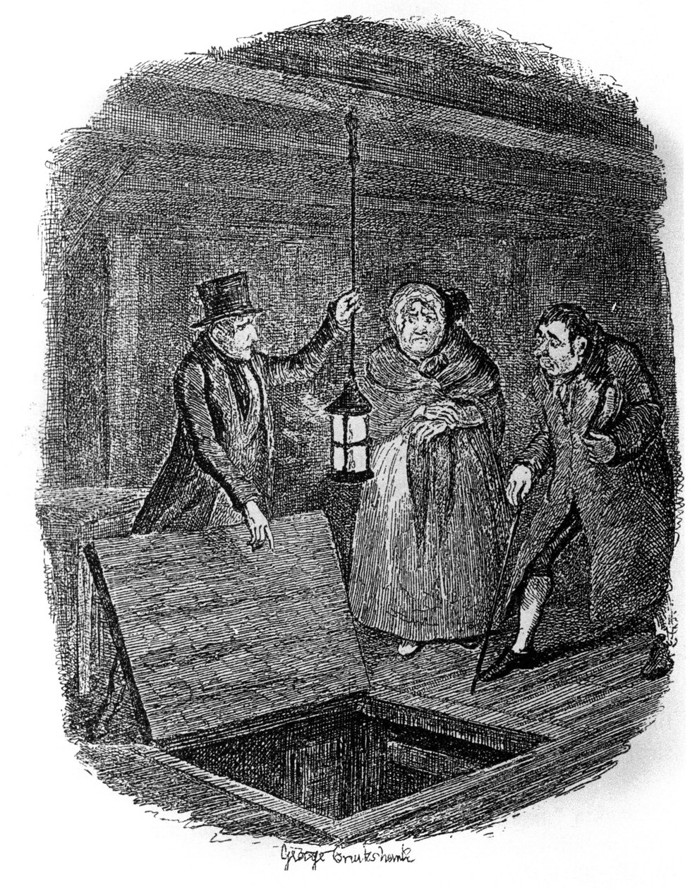 George Cruikshankin (1792-1878) kuvitus Charles Dickensin (1812-1870) kirjaan "Oliver Twist" (Olivier). tekijältä George Cruikshank