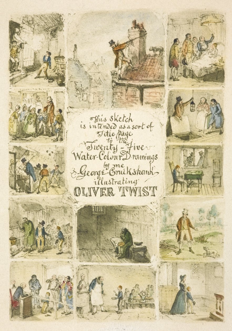 Kuvitus otsikkosivulle "Oliver Twist" tekijältä George Cruikshank