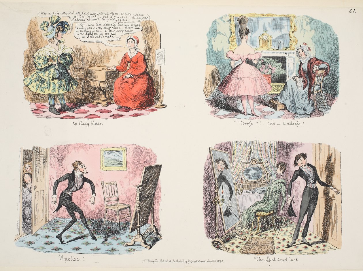 Kuvitus pubista The Whole Art of Dress tai The Road to Elegance and Fashion. 1832 (käsinvärinen kaiverrus) tekijältä George Cruikshank