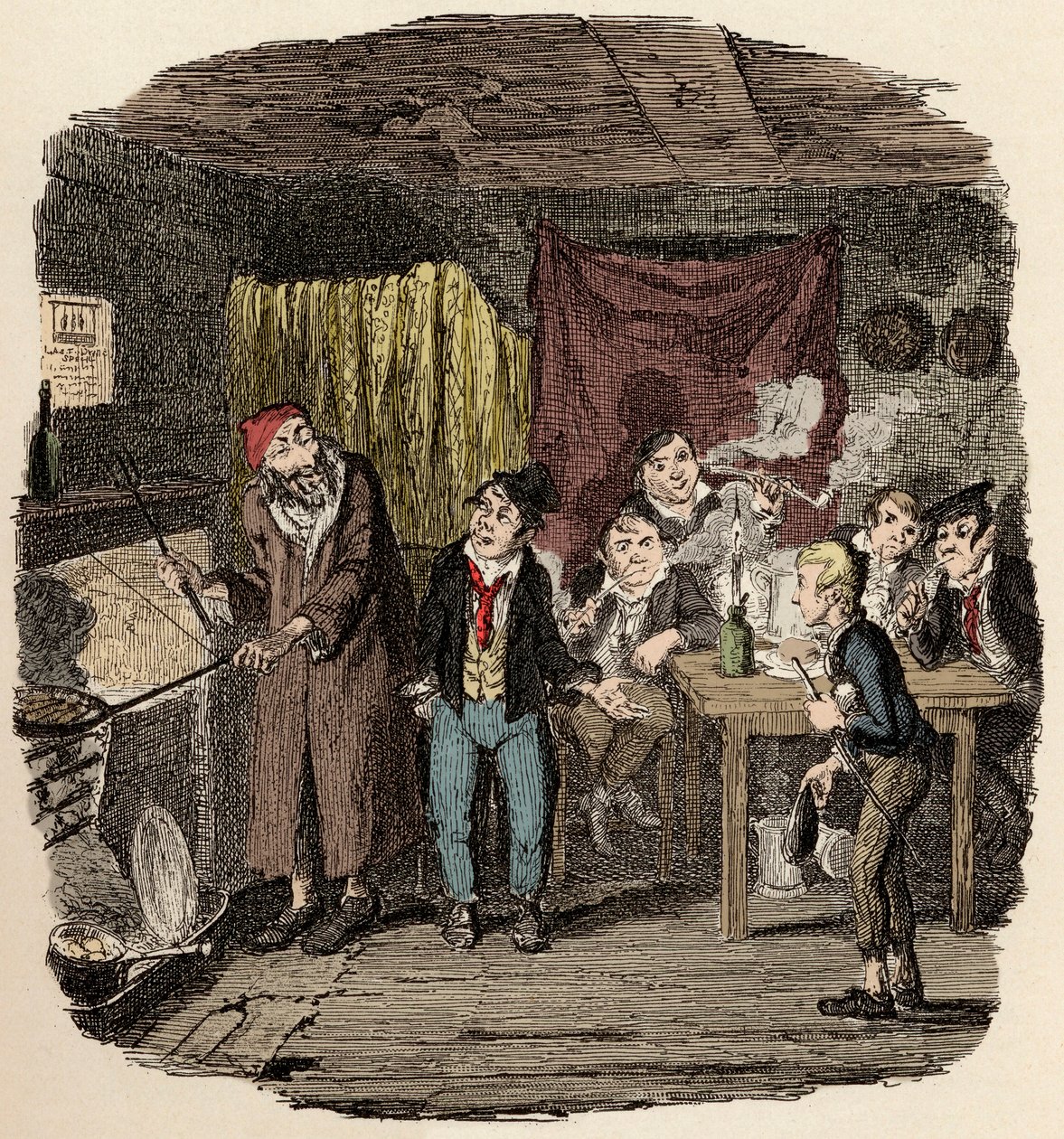 Lontoossa Jack Dawkins nimeltä Fox esittelee Oliverin Faginille ja hänen malfratiryhmälleen - Oliver esitteli kunnioitetun vanhan herrasmiehen - Kuvitus "Oliver Twist" (Olivier) (Oliver Twistin seikkailut), Charles Dickens (1812-1870) , kirjoittanut Ge tekijältä George Cruikshank