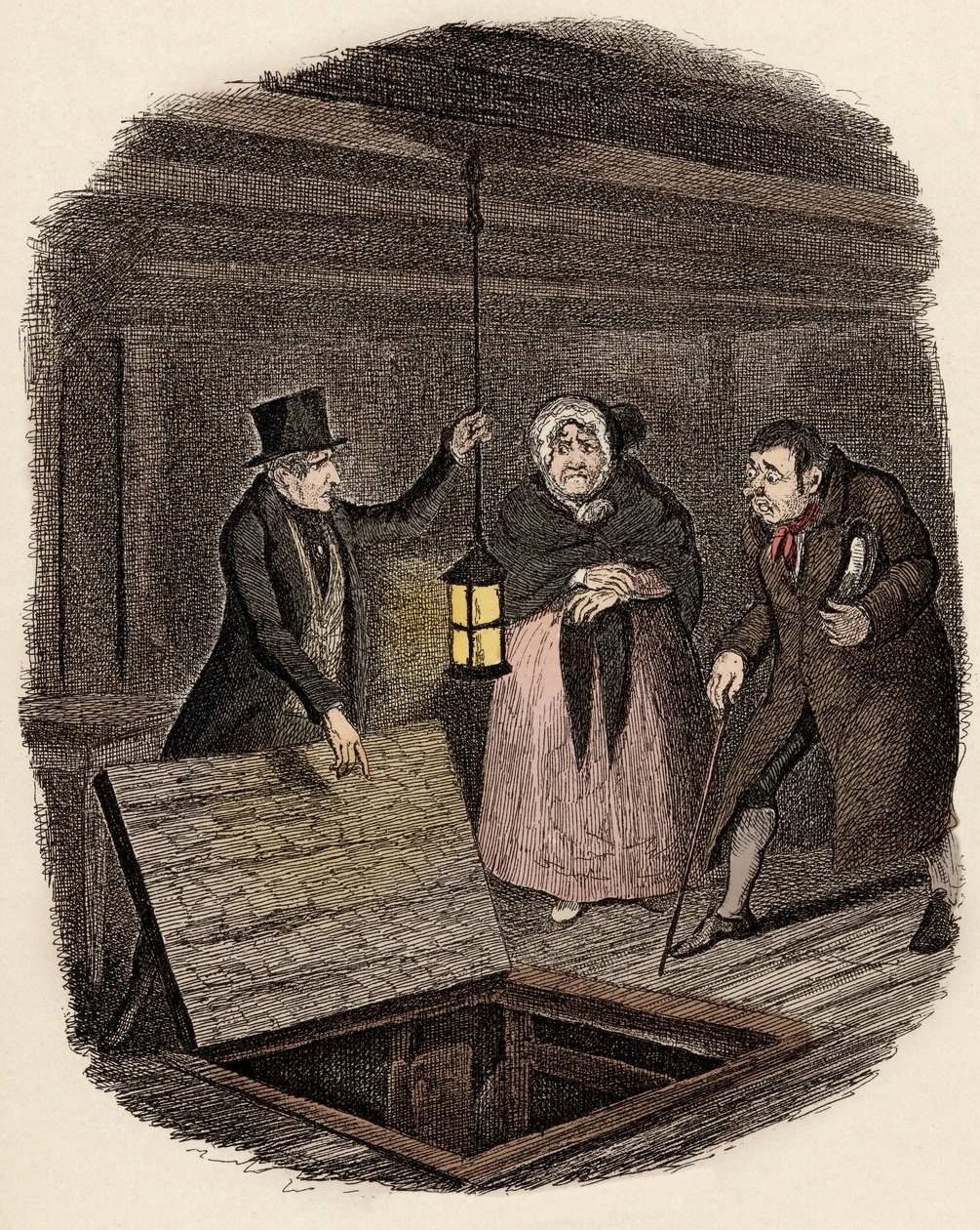 Monsieur Bumblen ja Madame Corneyn läsnäollessa Monks katoaa Oliver Twistin medaljongin - Todisteet tuhottu - Kuvitus "Oliver Twist" (Oliver) (Oliver Twistin seikkailut), kirjoittanut Charles Dickens (1812-1870), kirjoittanut George Cruikshank ( tekijältä George Cruikshank