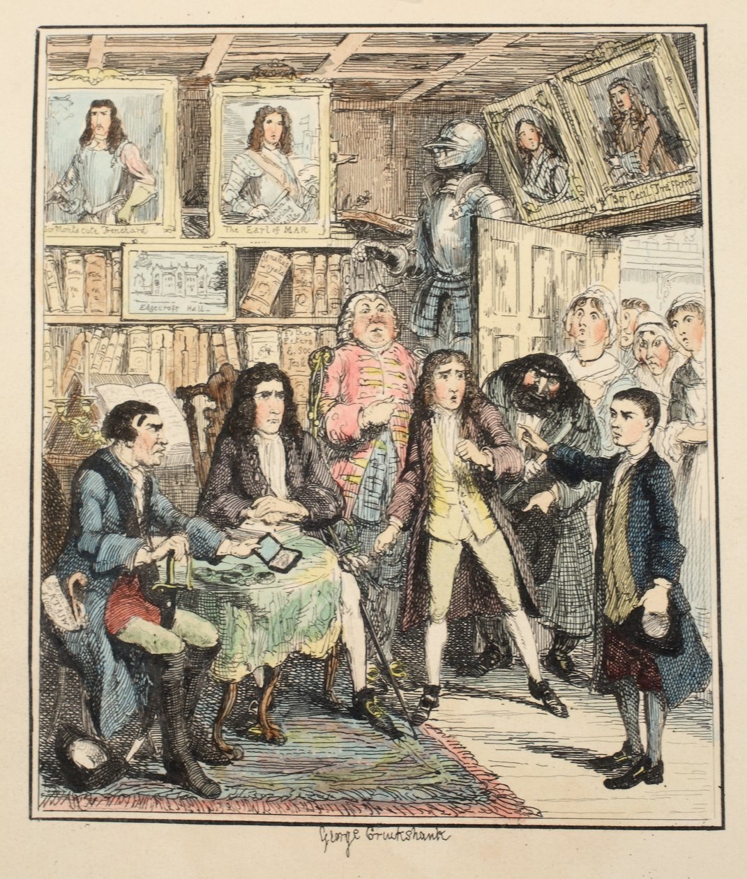 Jack Sheppard syyttää Thames Darrellia varkaudesta, kuvitus elokuvasta Jack Sheppard: A Romance, William Harrison Ainsworth, julkaistu 1839 (käsinvärinen etsaus) tekijältä George Cruikshank