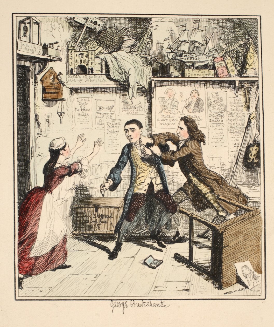 Jack Sheppard esittelee kostonhimoista hahmoa, kuvitus: William Harrison Ainsworthin Jack Sheppard: Romance, julkaistu 1839 (käsinvärinen etsaus) tekijältä George Cruikshank