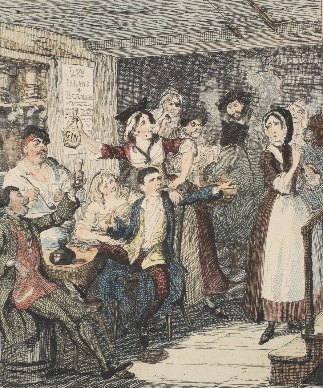 Jack Sheppard humalassa ja käskee äitinsä pois, kuvitus Jack Sheppard: A Romance, William Harrison Ainsworth, julkaistu 1839 (käsinvärinen etsaus) tekijältä George Cruikshank