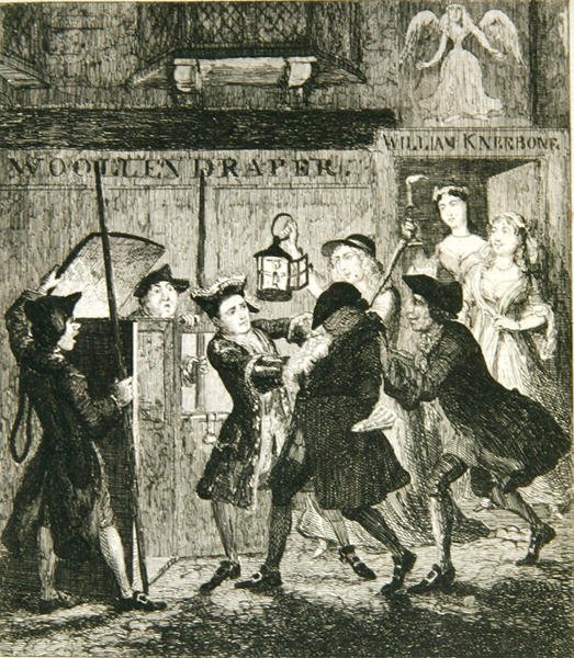 Jack Sheppard huijaa Shotbolt the Gaoleria, kuvitus William Harrison Ainsworthin julkaisusta "Jack Sheppard: A Romance", julkaistu 1839 (etsaus) tekijältä George Cruikshank