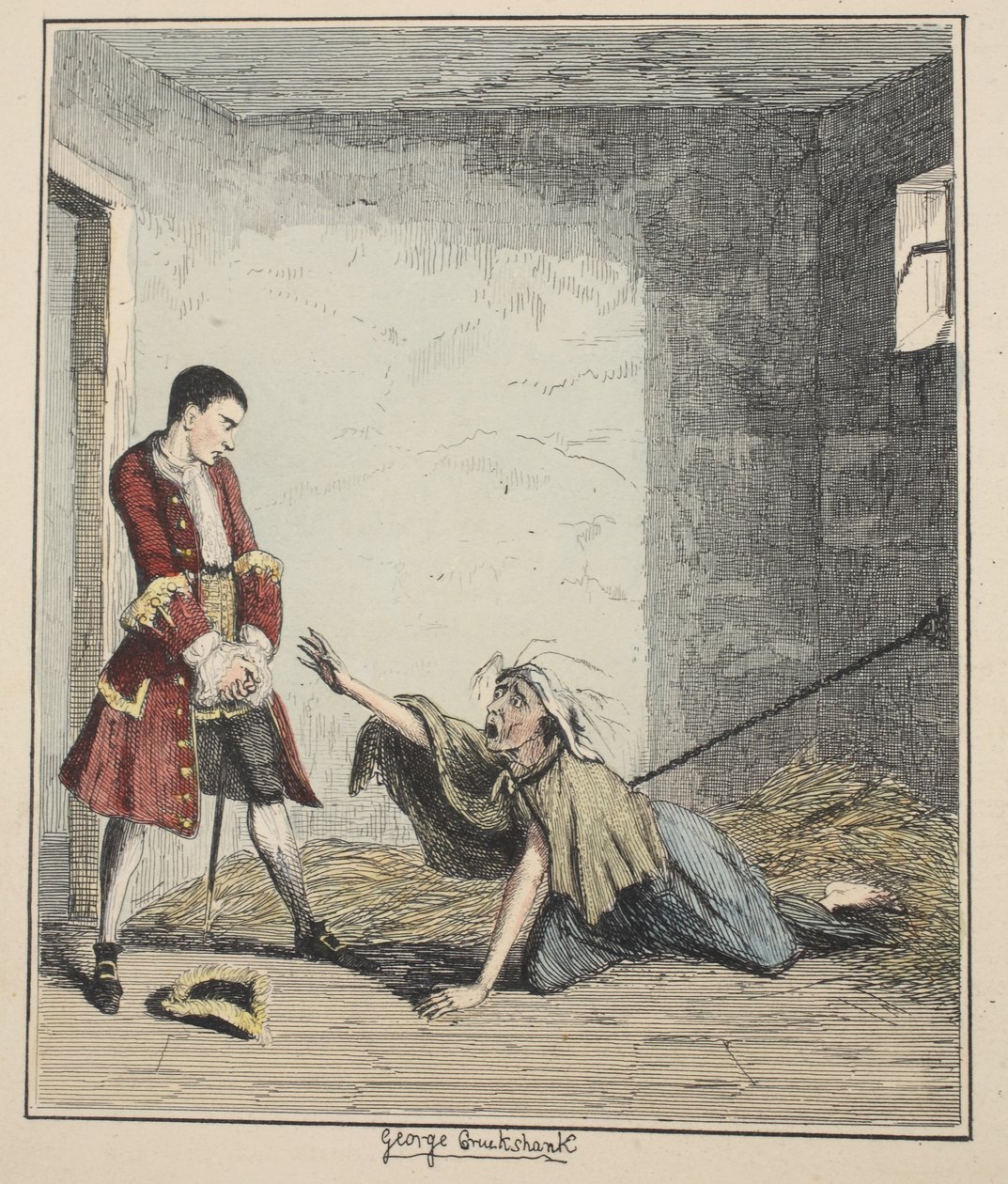 Jack Sheppard vierailee äitinsä luona Bedlamissa, kuvitus artikkelista Jack Sheppard: A Romance, William Harrison Ainsworth, julkaistu 1839 (käsinvärinen etsaus) tekijältä George Cruikshank
