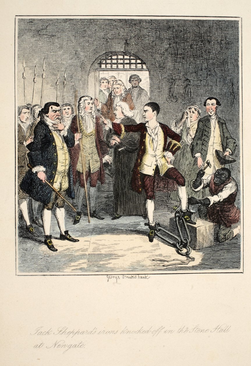 Jack Sheppardin raudat lyöty irti Newgaten kivisalissa, kuvitus Jack Sheppardilta: A Romance, William Harrison Ainsworth, julkaistu 1839 (käsin väritetty etsaus). tekijältä George Cruikshank