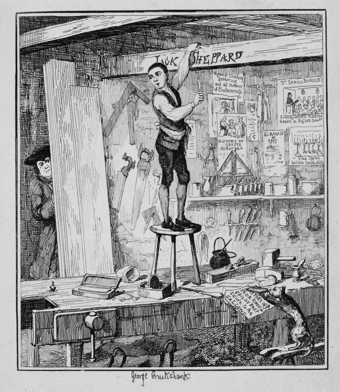 Jack kaivertaa nimensä palkkiin entisen työnantajansa liikkeessä, kuvitus William Harrison Ainsworthin julkaisusta "Jack Sheppard: A Romance", julkaistu 1839. tekijältä George Cruikshank