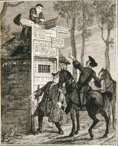 Jack pakenee Willesdenin häkistä, kuvitus William Harrison Ainsworthin teoksesta "Jack Sheppard: A Romance", julkaistu 1839 (etsaus) tekijältä George Cruikshank