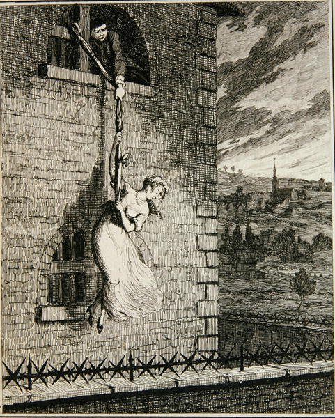 Jack pakenemassa Newgate Wardista vaimonsa Elizabeth Lyonin kanssa, kuvitus William Harrison Ainsworthin julkaisusta "Jack Sheppard: A Romance", julkaistu 1839 (etsaus) tekijältä George Cruikshank