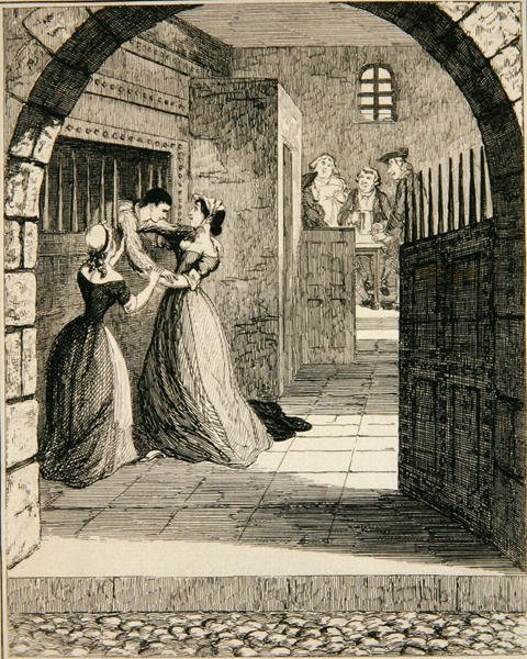 Jack pakenee tuomitun sellistä Newgaten vankilassa, kuvitus teoksesta Jack Sheppard: A Romance", William Harrison Ainsworth, julkaistu 1839 (etsaus). tekijältä George Cruikshank