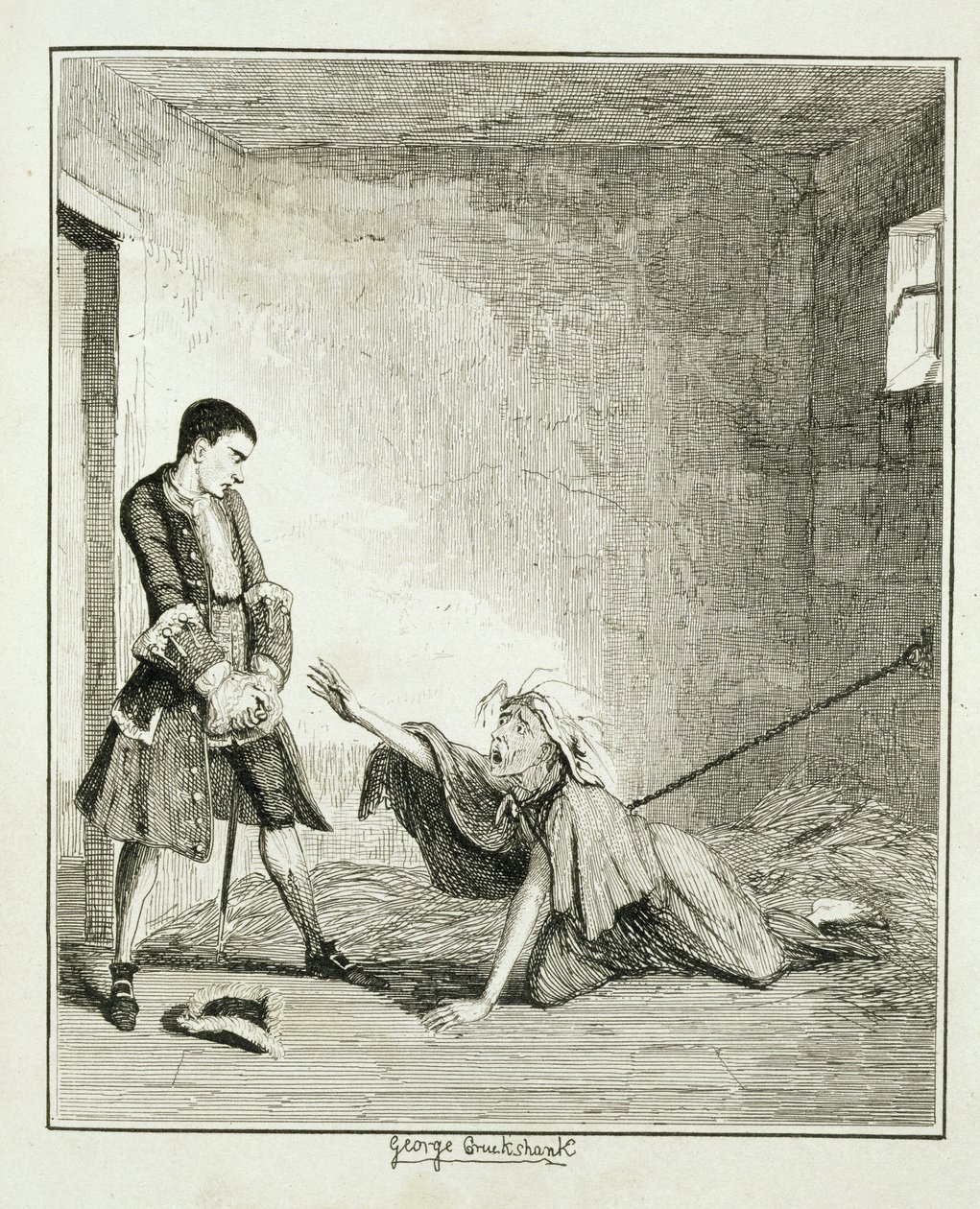 Jack vierailee äitinsä luona Bethlehemin sairaalassa Lontoossa, kuvitus William Harrison Ainsworthin julkaisusta "Jack Sheppard: A Romance", julkaistu 1839 tekijältä George Cruikshank