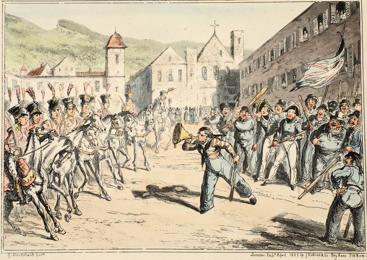 Jacks Trump of Defiance, Greenwich Hospitalista, sarja merivoimien luonnoksia, kuvaus sotamiehen elämästä, pubi. 1826 (käsinvärinen kaiverrus) tekijältä George Cruikshank