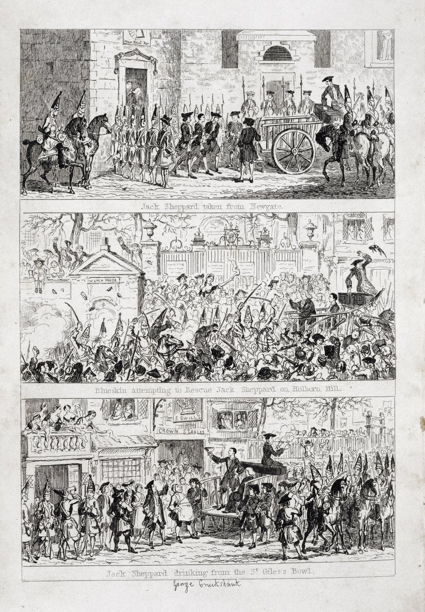 Jackin matka Newgatesta Tyburniin, kuvitus William Harrison Ainsworthin teoksesta "Jack Sheppard: A Romance", julkaistu 1839 tekijältä George Cruikshank