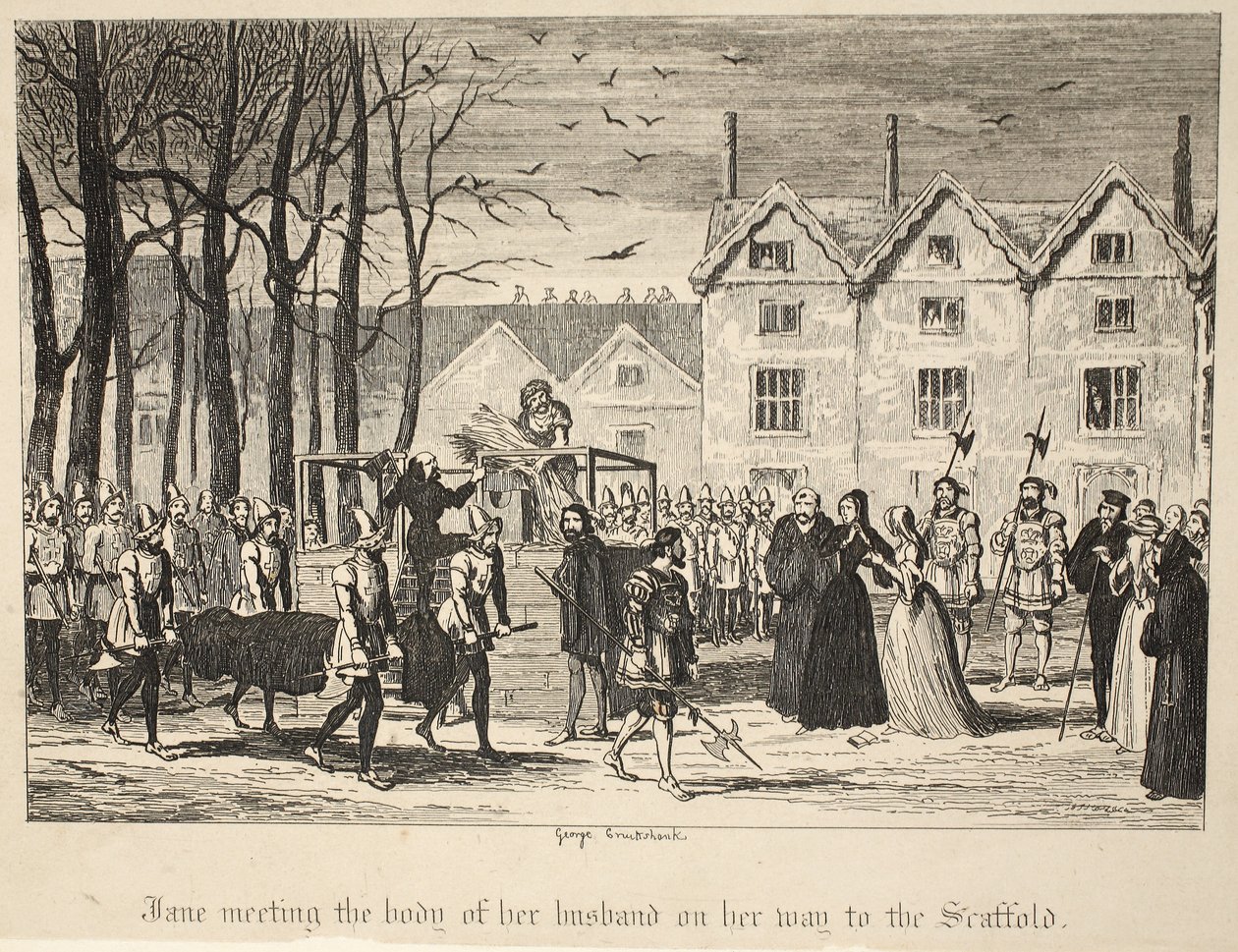 Jane tapasi aviomiehensä ruumiin matkalla rakennustelineille The Tower of London -pubista. 1840 tekijältä George Cruikshank