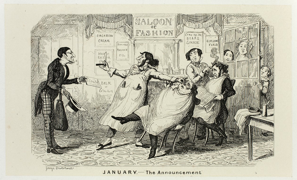 Tammikuu - Ilmoitus George Cruikshankin teräsetsauksista The Comic Almanacks -lehden sarjakuvakirjoihin: 1835-1853 tekijältä George Cruikshank