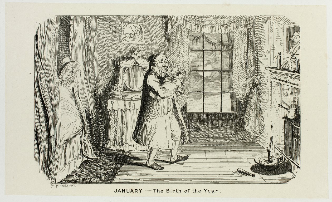 Tammikuu - Vuoden synty George Cruikshankin teräsveistoksista The Comic Almanacksiin: 1835-1853 tekijältä George Cruikshank
