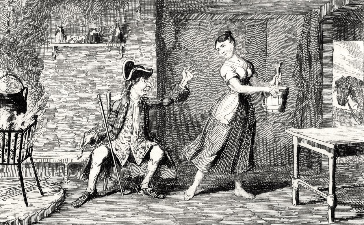 Jeannie Deans isänsä mökissä, piirros Sir Walter Scottin (1771-1832) teoksesta The Heart of Midlothian, julkaistu 1843 tekijältä George Cruikshank