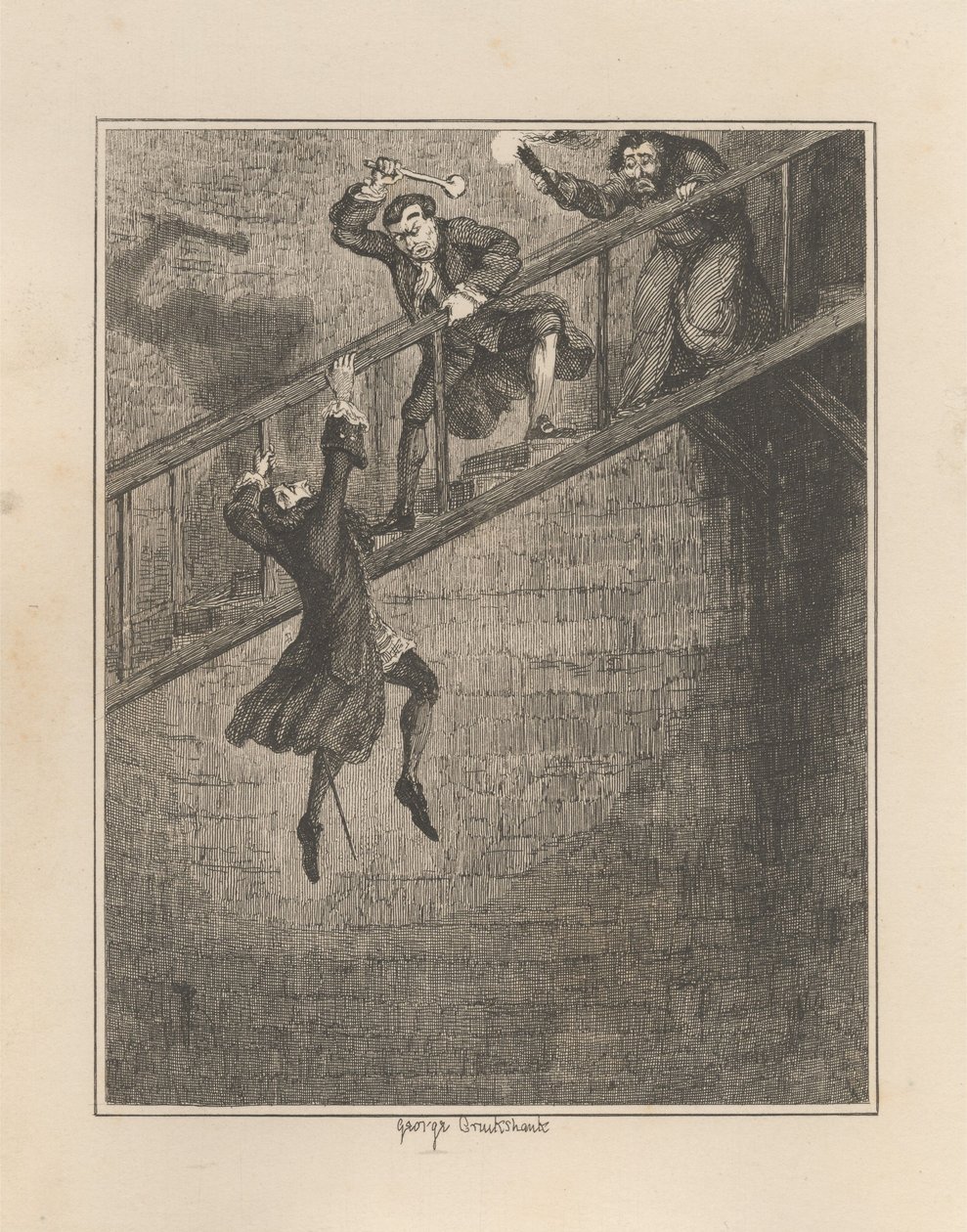 Jonathan Wild heittää Sir Rowland Trenchardin kaivonreikään tekijältä George Cruikshank
