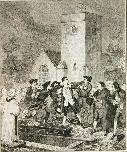 Jonathan Wild vangitsee Jackin äitinsä hautajaisissa Willesden Churchyardissa, kuvitus William Harrison Ainsworthin julkaisusta "Jack Sheppard: A Romance", julkaistu 1839 (etsaus) tekijältä George Cruikshank