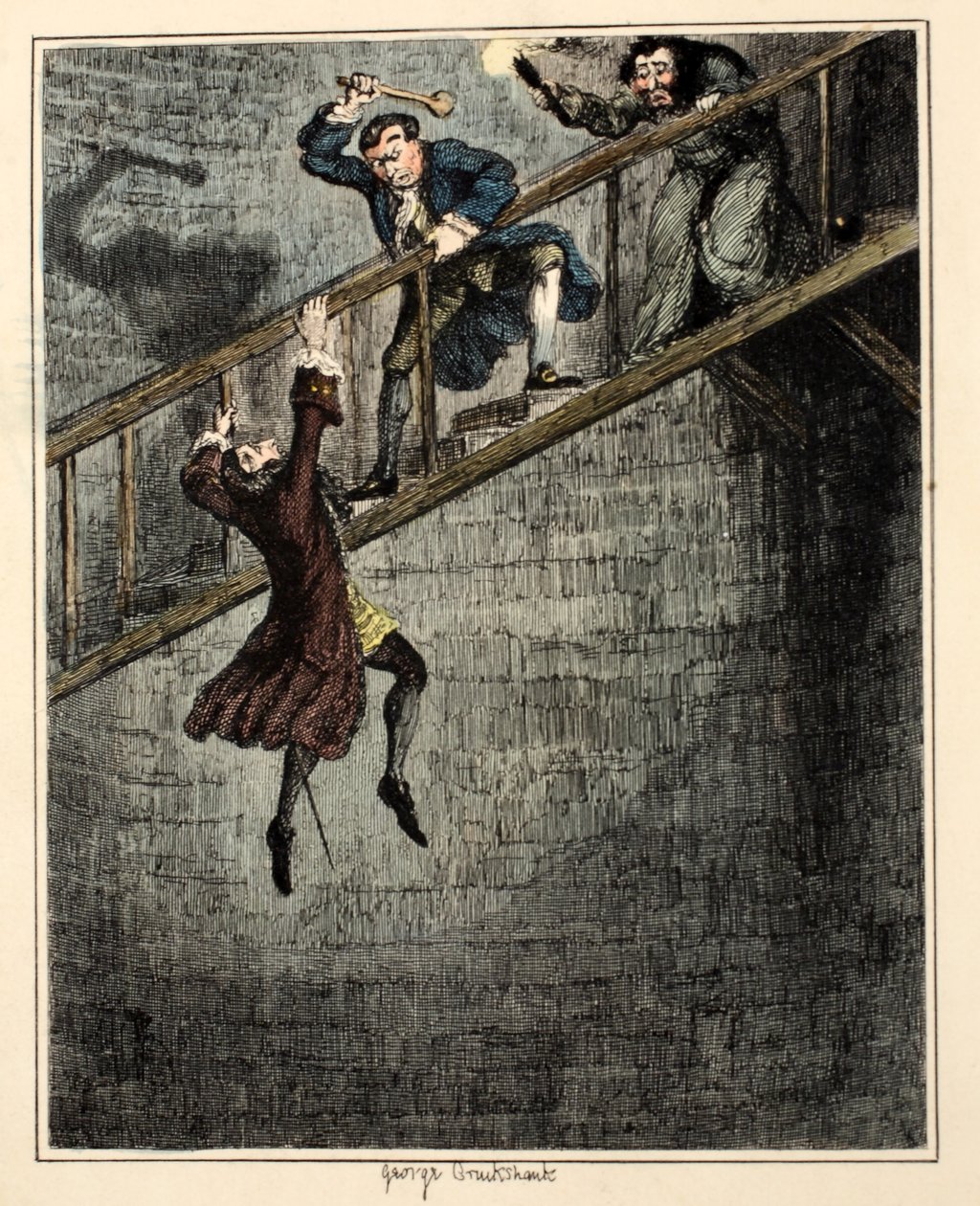 Jonathan Wild heittää Sir Rowland Trenchardin kaivoon, kuvitus William Harrison Ainsworthin pubista "Jack Sheppard: A Romance". 1839 (käsinvärinen kaiverrus) tekijältä George Cruikshank