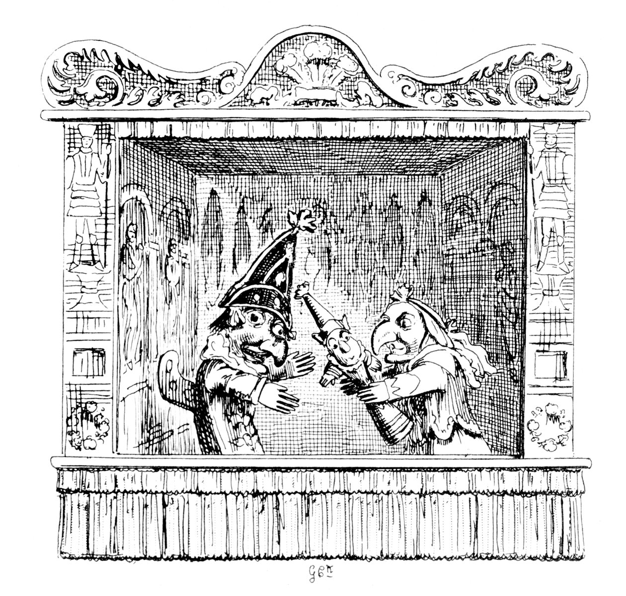 Judy kehottaa herra Punchia ottamaan lapsen tekijältä George Cruikshank