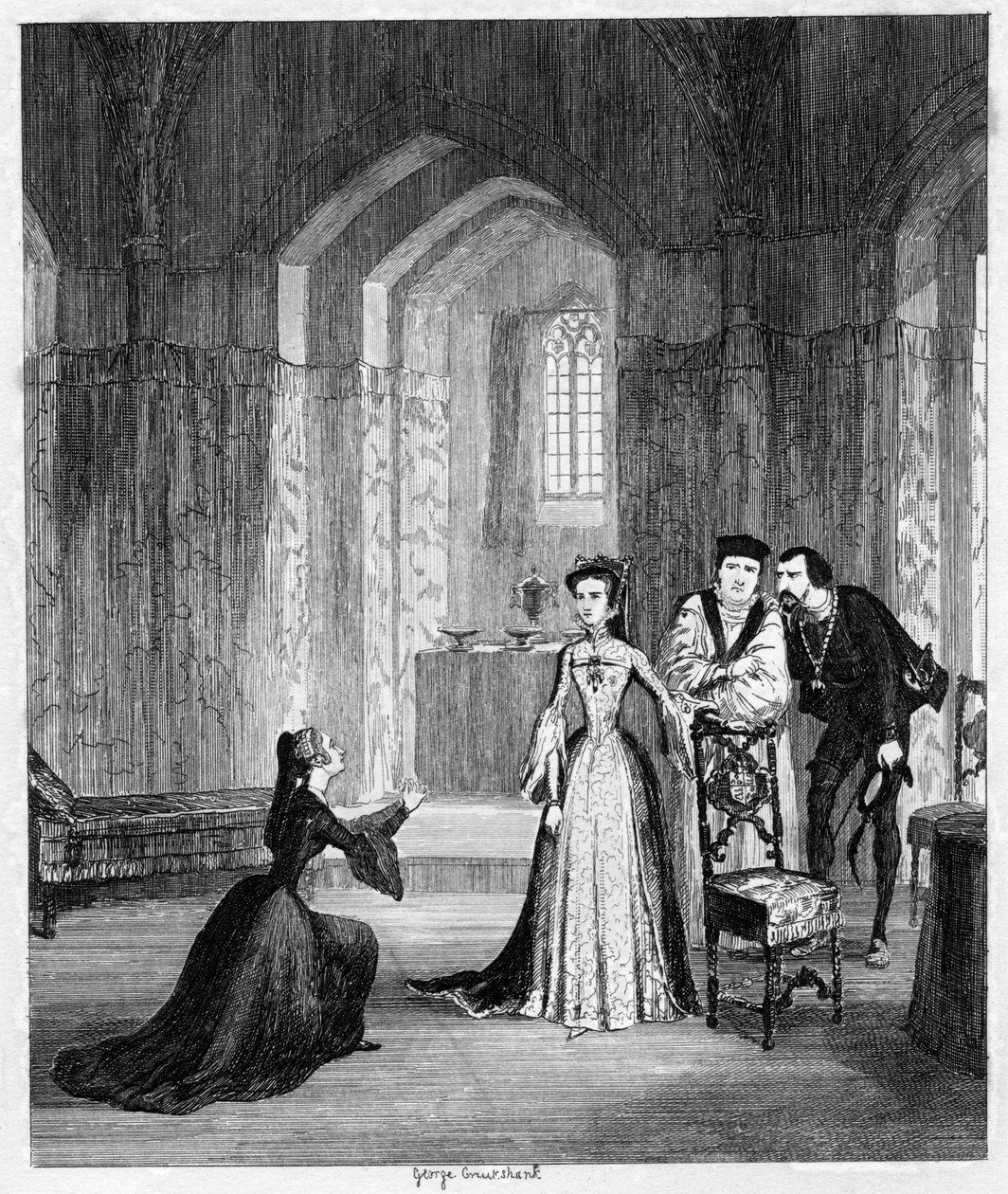 Lady Jane Gray rukoilee kuningatar Marya säästämään aviomiehensä henkensä, 1554 1840. tekijältä George Cruikshank