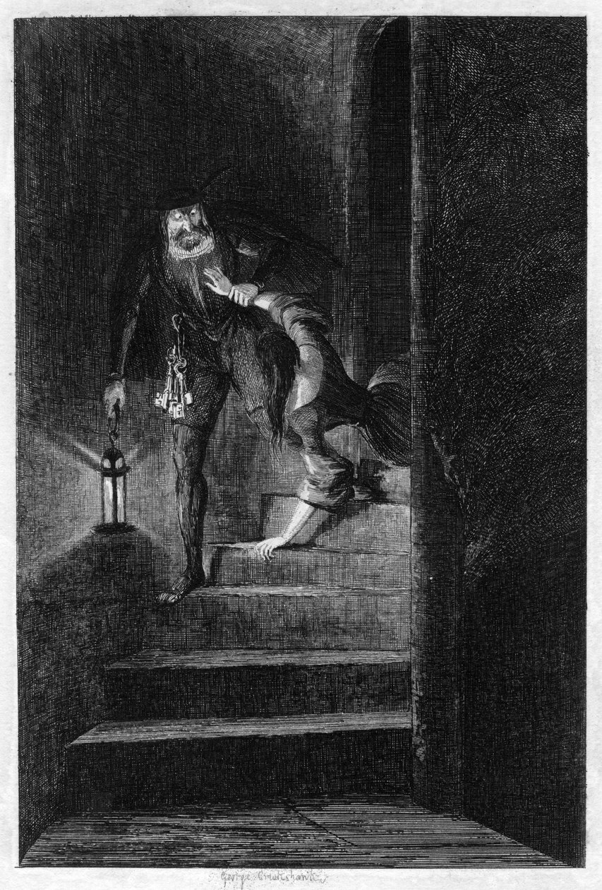 Lawrence Nightgall vetää Cicelyä alas Salt Towerin salaisista portaista, 1840 tekijältä George Cruikshank
