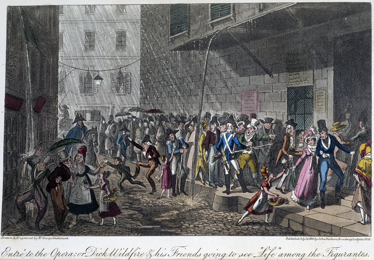 Pariisin oopperan sisäänkäynti - David Careyn "Elämä Pariisissa" -kirjassa, ill. kirjoittanut Georges Cruikshank, toim. Faiburn, Lontoo tekijältä George Cruikshank