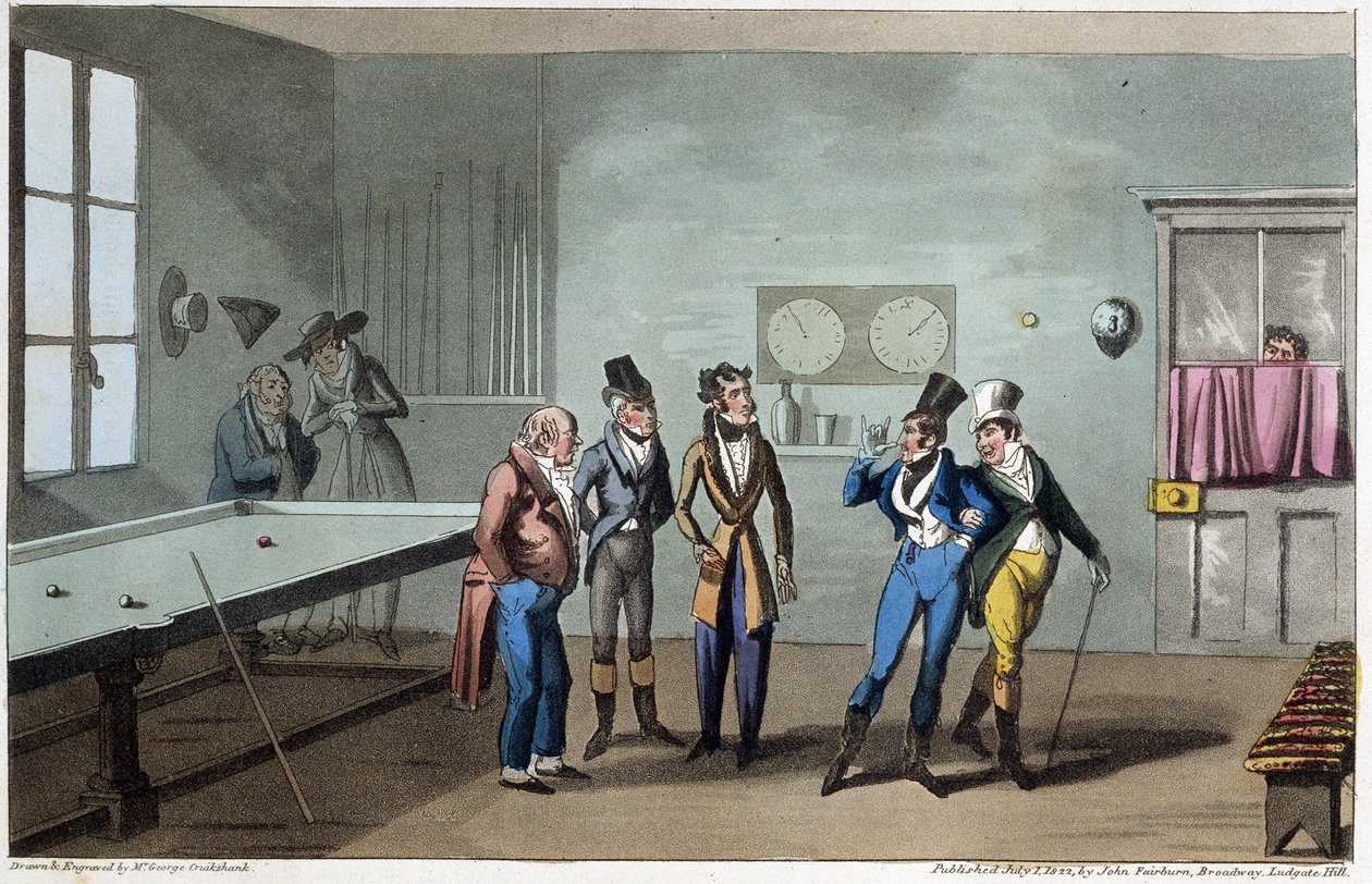 Miehet biljardihuoneessa - David Careyn "" Elämä Pariisissa" -kirjassa, sairas. kirjoittanut G. Cruikshank, Lontoo tekijältä George Cruikshank