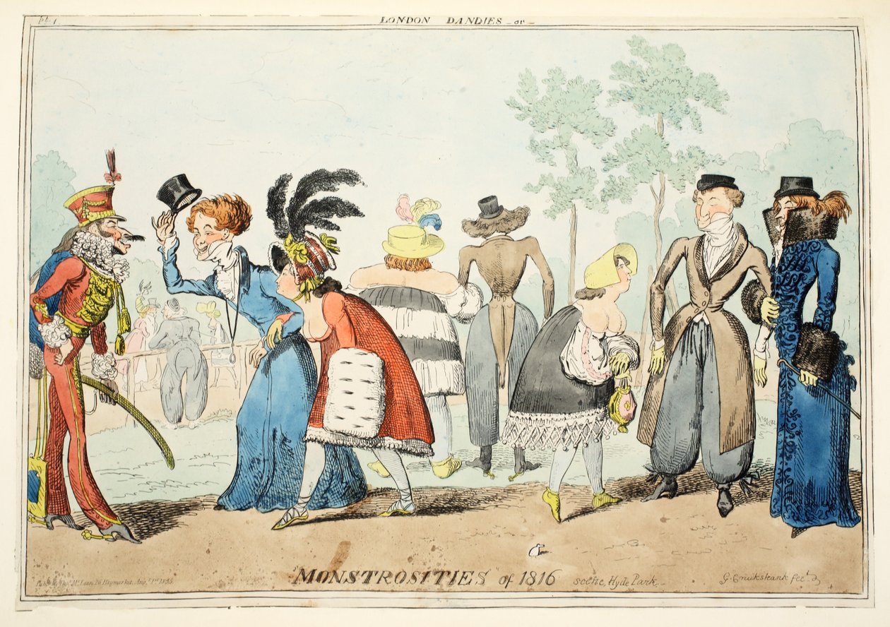 London Dandies tai Monstrosities of 1815, Hyde Park, pubi. 1835 (käsinvärinen kaiverrus) tekijältä George Cruikshank