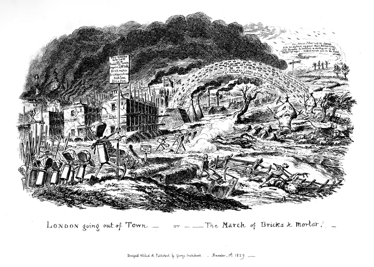 Lontoo poistuu kaupungista – tai The March of Bricks and Mortar, 1829 tekijältä George Cruikshank