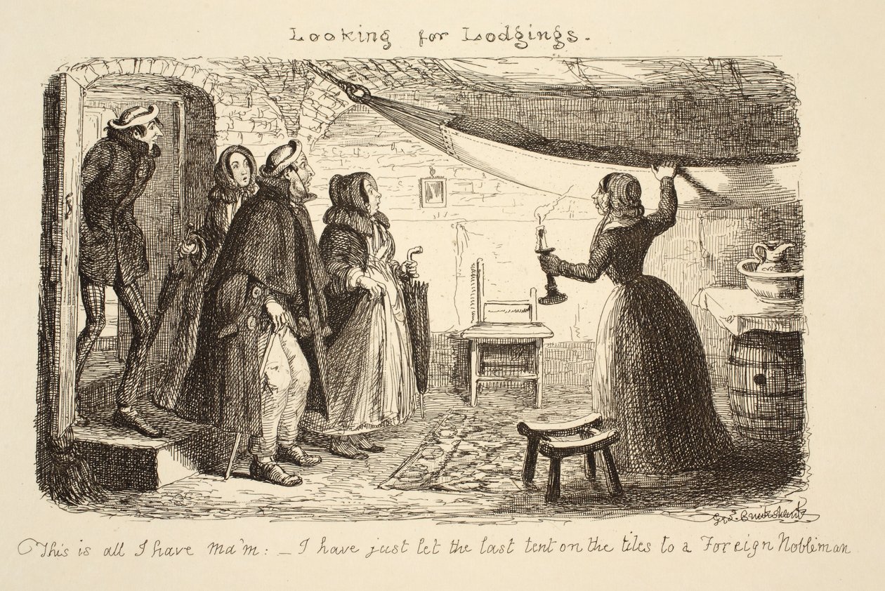 Etsitään majoitusta, pubi. 1851 tekijältä George Cruikshank