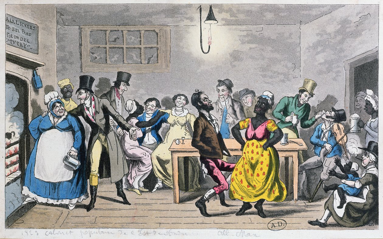 "Lontoon alhaisin elämä: Tom, Jerry ja logiikka luonnon hienostuneiden poikien ja tyttärien joukossa", Pierce Eganin (1772-1849) "Life in London" -kappaleesta, 1821 (värillinen akvatinta) tekijältä George Cruikshank