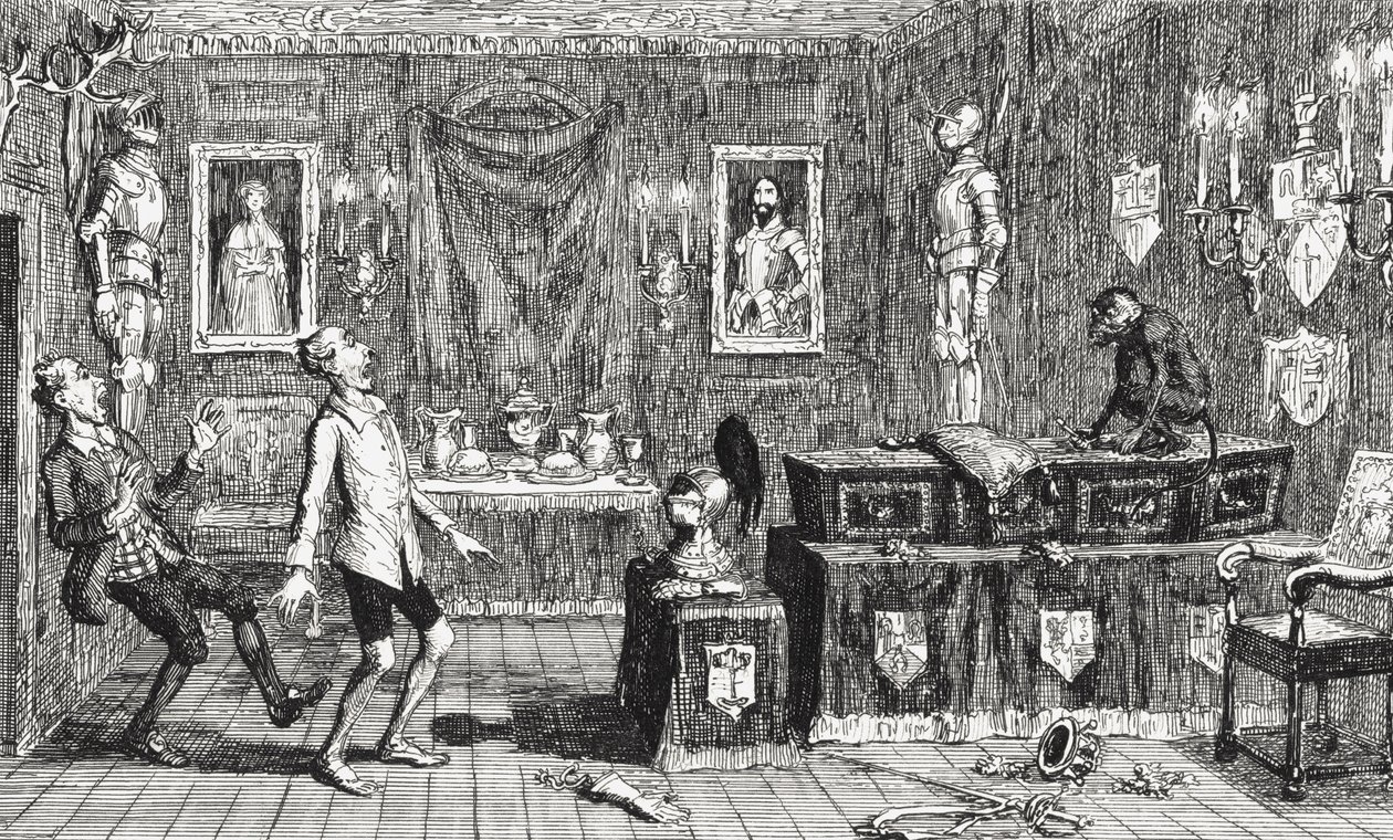 MacCallum ja Hutcheon, piirros Sir Walter Scottin (1771-1832) "Redgauntletista", julkaistu 1843 tekijältä George Cruikshank