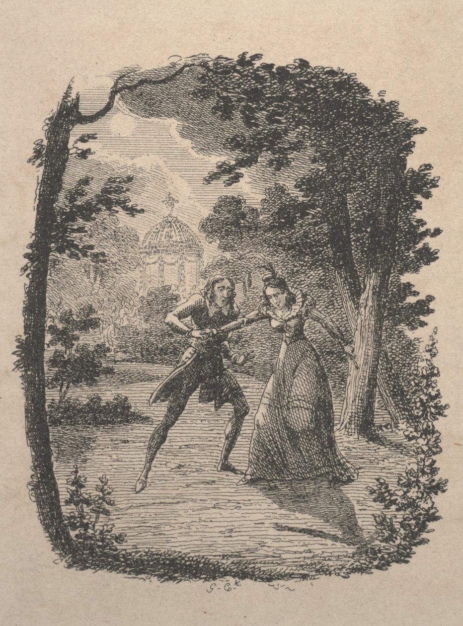 Mies ja nainen puutarhassa (etsaus) tekijältä George Cruikshank