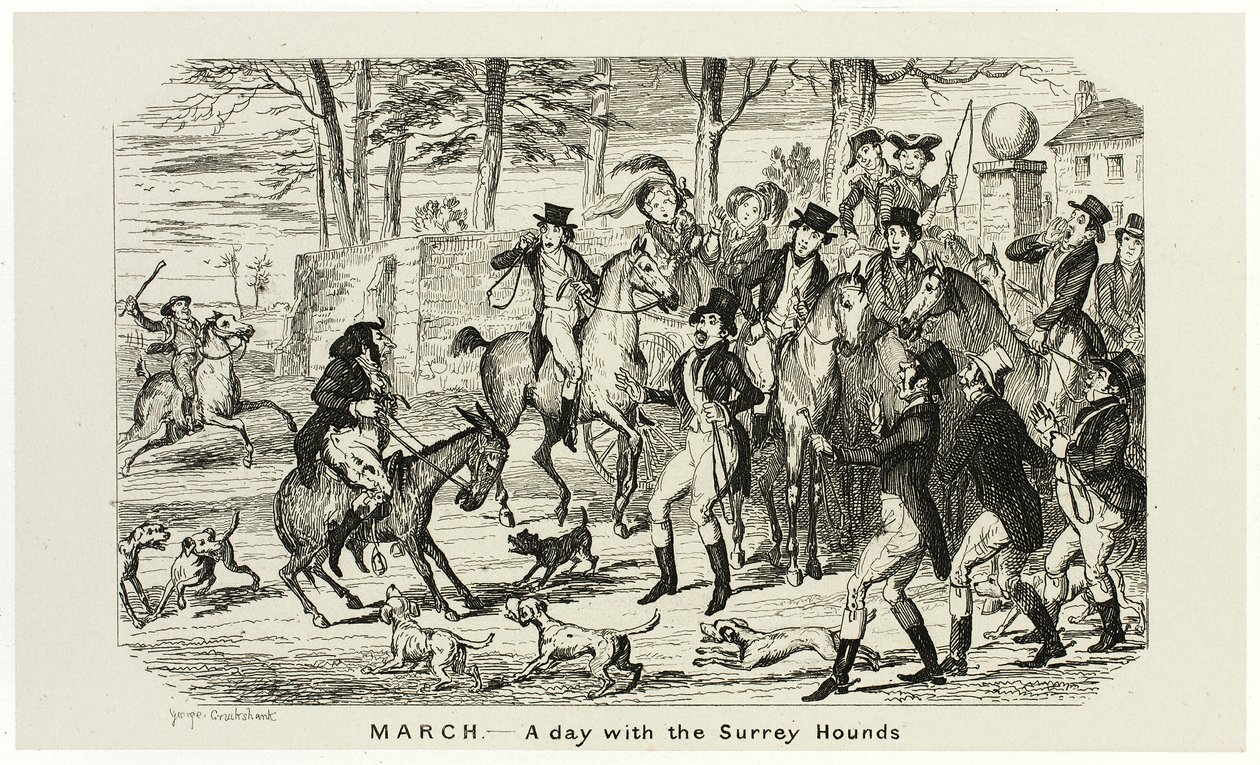 Maaliskuu - Päivä Surreyn koirien kanssa George Cruikshankin teräsveistoksista The Comic Almanacksiin: 1835-1853 tekijältä George Cruikshank