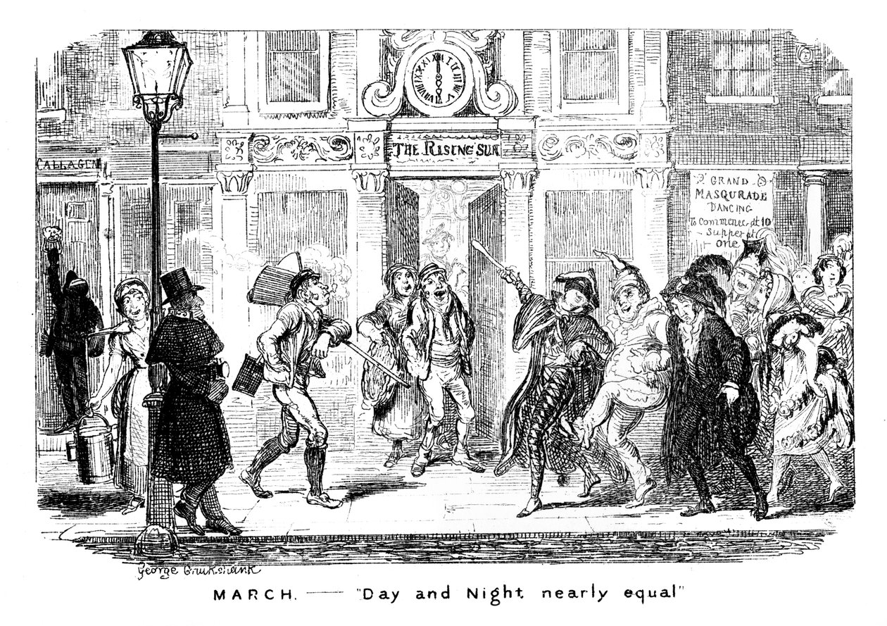 Maaliskuu - päivä ja yö lähes yhtä suuret, 1800-luku. tekijältä George Cruikshank