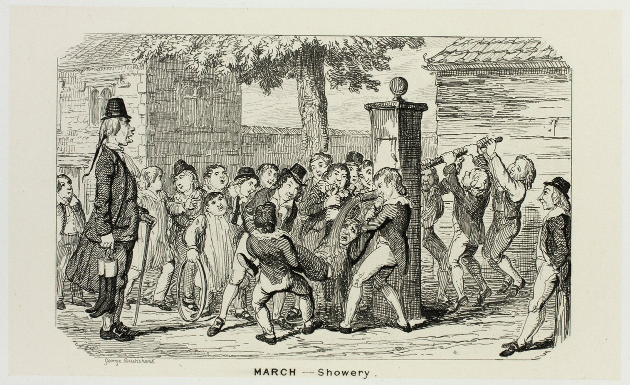 Maaliskuu - Showery George Cruikshankin teräsveistoksista The Comic Almanacks -teokseen: 1835-1853 tekijältä George Cruikshank