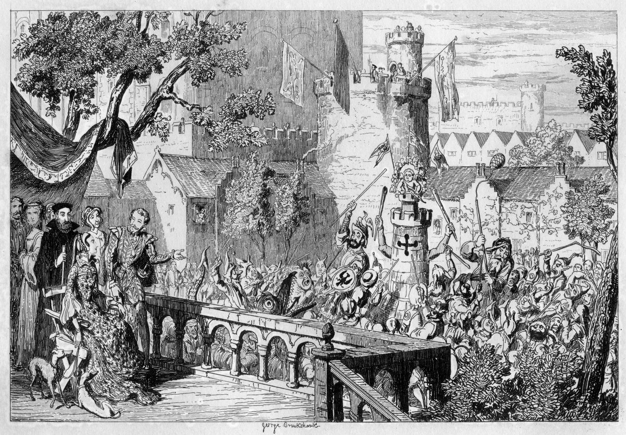 Naamio Lontoon Towerin palatsin puutarhassa, 1840. tekijältä George Cruikshank