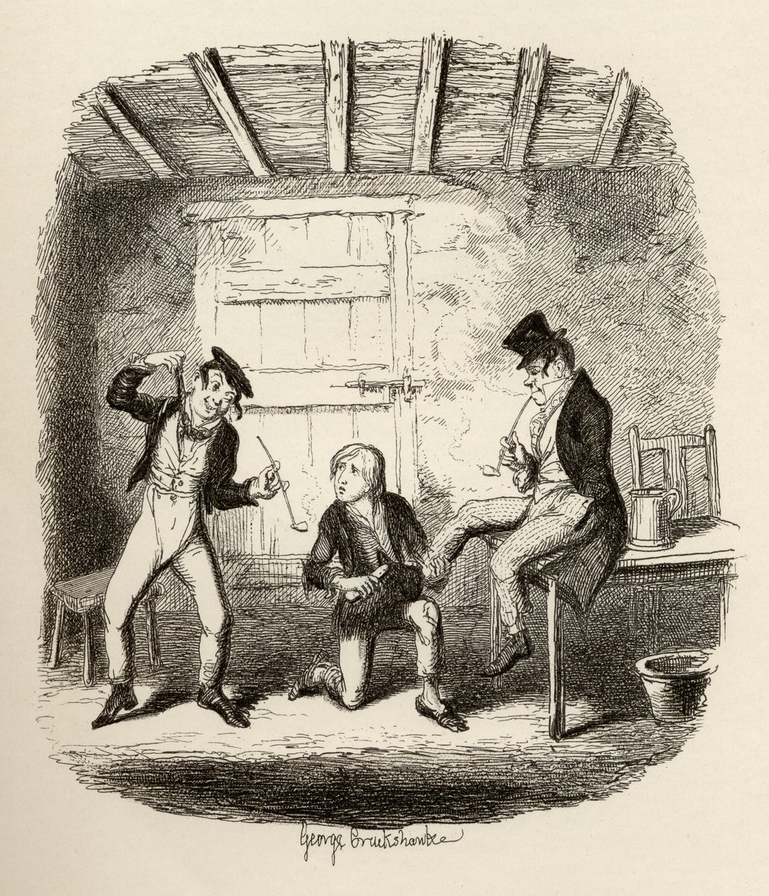Mestari Bates selittää ammattitekniikan, Charles Dickensin (1812-70) 1838 kirjasta "Oliver Twistin seikkailut", Chapman und Hall, 1901. tekijältä George Cruikshank