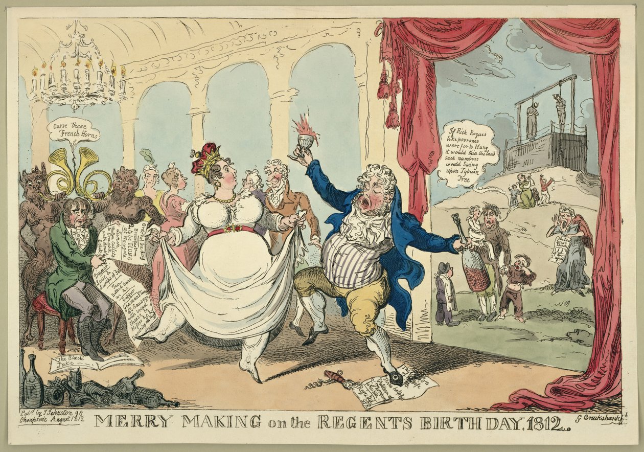 Hyvää syntymäpäivää valtionhoitajan syntymäpäivänä 1812, 1812 tekijältä George Cruikshank