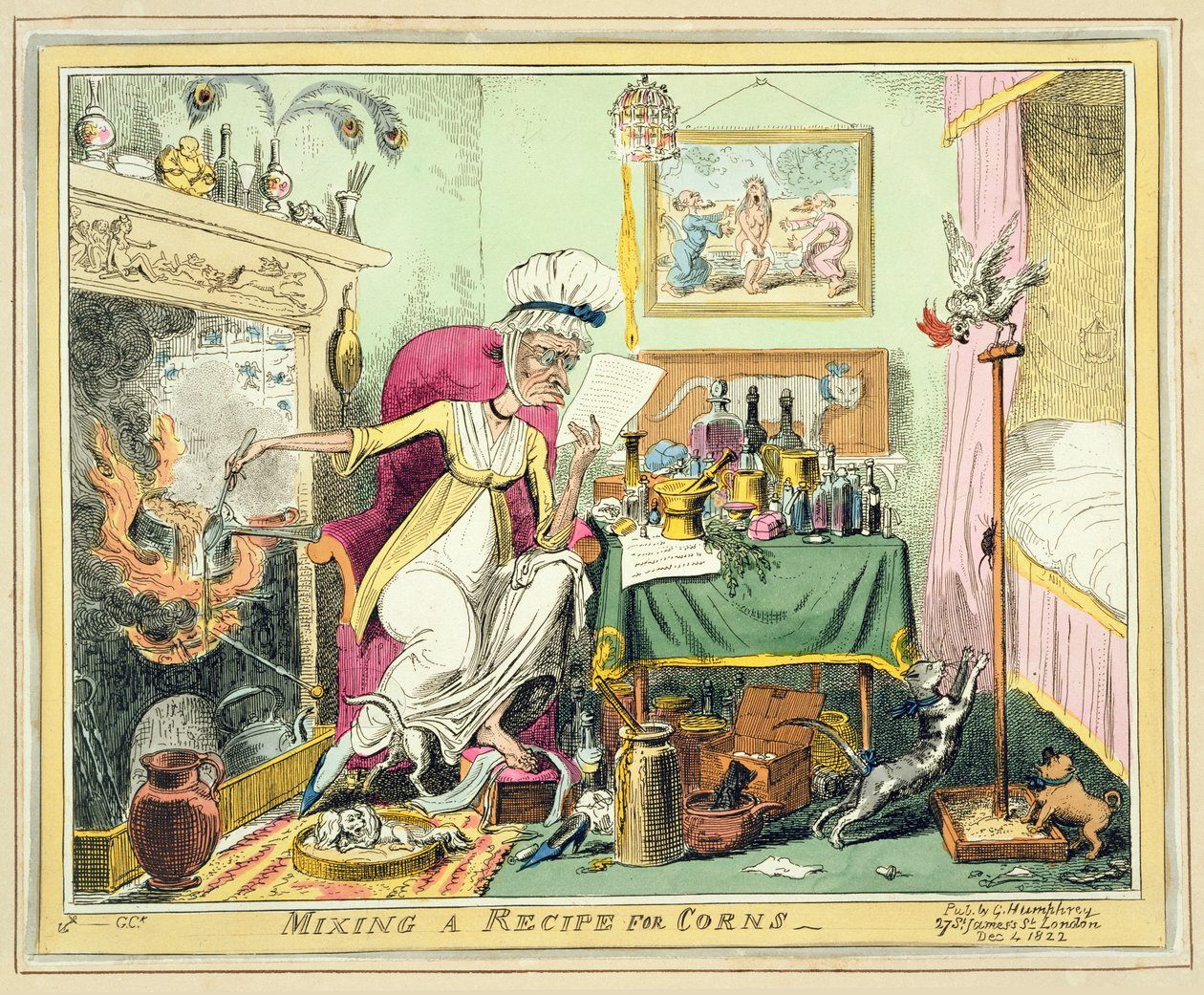 Maissireseptin sekoittaminen, julkaisija G. Humphrey, Lontoo, 4. joulukuuta 1822 (värillinen etsaus). tekijältä George Cruikshank