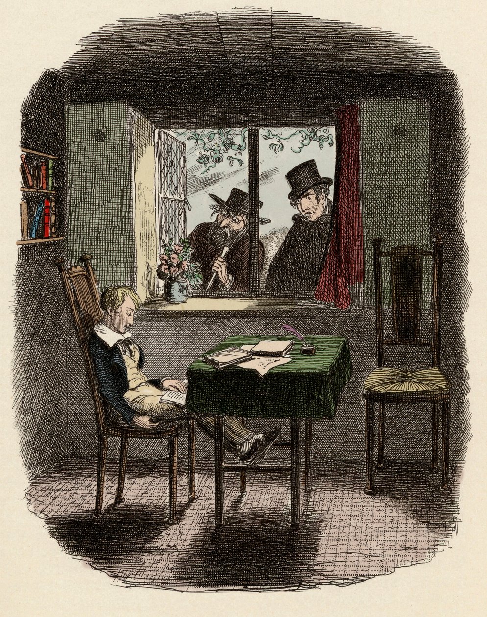 Munkit ja Fagin tarkkailemassa Oliveria nukkumassa Maylien kirjastossa - Munkit ja juutalainen - Kuvitus "" Oliver Twist"" (Oliver) (Oliver Twistin seikkailut), kirjoittanut Charles Dickens (1812-1870), kirjoittanut George Cruikshank (1792-1878) ) . tekijältä George Cruikshank
