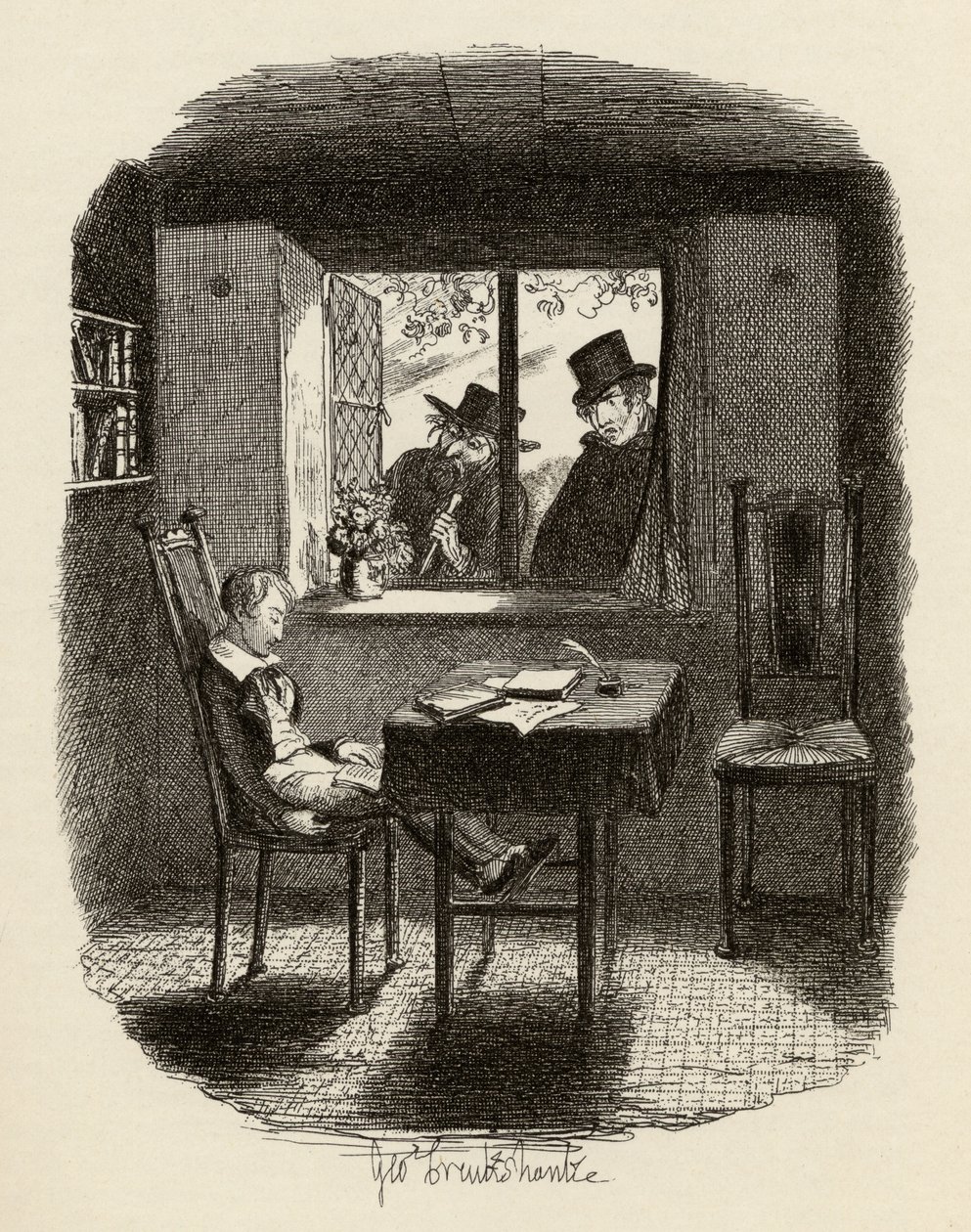 Munkit ja juutalainen, Charles Dickensin (1812-70) julkaisusta "Oliver Twistin seikkailut" 1838, julkaissut Chapman und Hall, 1901 tekijältä George Cruikshank