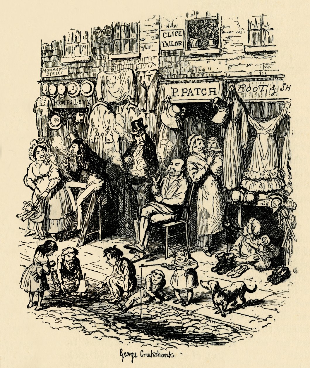 Monmouth Street, Soho, G. Cruikshankin kuvitus Bozin Dickens Sketchesille. , 1938 tekijältä George Cruikshank